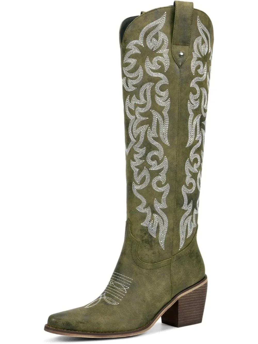 Women's Army Green Knee High Cowboy Boots Chunky Heel Leather Chunky Heel Pull